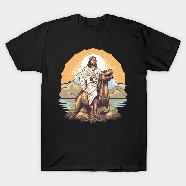 Jesus Christ on a Velociraptor Funny Dinosaur Meme T-Shirt by DanielLiamGill